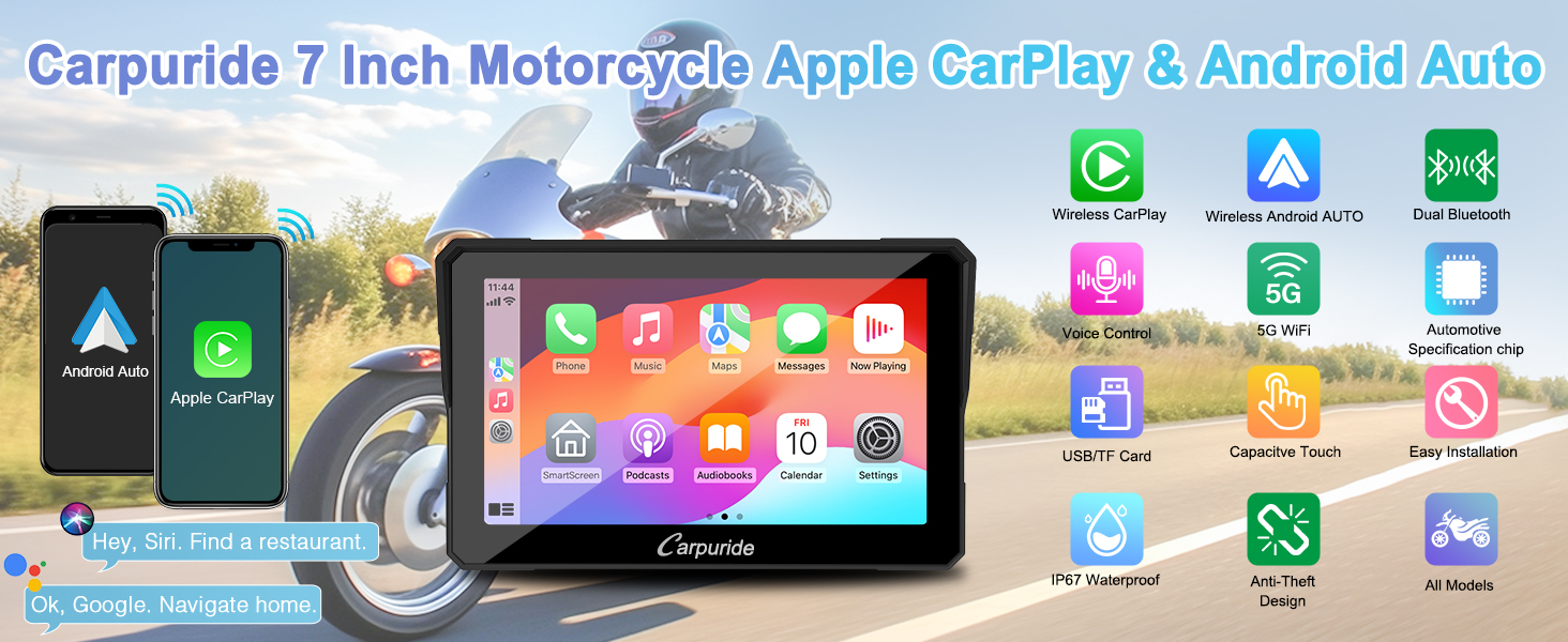 7 inch Portable Wireless CarPlay/Android Auto Motorcycle Car Stereo