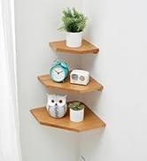 GIEANOO White Corner Shelf Wall Mount, Natural Oak Wood Floating Corner Wall Shelf Round End Shel...