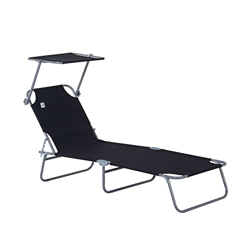 4 Level Adjustable Backrest Reclining Sun Lounger Chair with Angle Adjust Sun Shade Awning for Beach