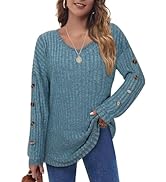 Syphiby Jumpers Ladies Long Sleeve Tops Womens Lightweight Sweatshirts Casual V Neck Button Side ...