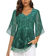 Syphiby Womens Overlap Ruffle Sleeve V Neck Elastic Mesh Blouse Loose Flowy Tunic Tops