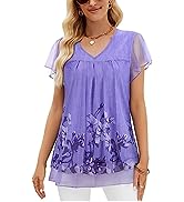 Syphiby Womens Tops V Neck Ladies Tops Ruffle Short Sleeve Blouses Flowy Mesh Tunic Tops Casual T...