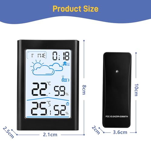Wireless Thermometer Hygrometer Barometer Indoor Outdoor with LED Sensor Backlit Screen Digital Clock Alarm and Snooze Display Time Date Day
