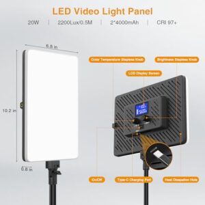 20W Led Video Light Panel Built-in 2*4000mAh/7.4V Studio Lights 2500-8500K for Video Recording/Content Creation/Game Live Streaming Zoom