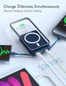 Podoru 10000mAh Wireless Power Bank with Cable PD 22.5W Mini Fast Charge with LED Display Mag-Safe Battery Pack for iPhone 12/13/14/15 Plus/Mini/Pro/Pro Max (Navy Blue)