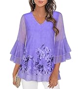 Syphiby Womens Blouses 3/4 Sleeve Tops Dressy Casual Double Layered V Neck Mesh Chiffon Tunic Shirts