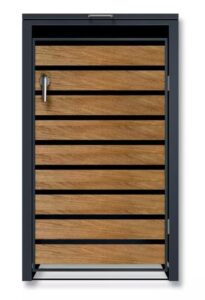 Storage Shed w/Locking Doors Assisted lift up Lid easy use Outdoor Hygienic Dustbin Unit Trash Cover Steel Matt Grey with Oak Effect Doo