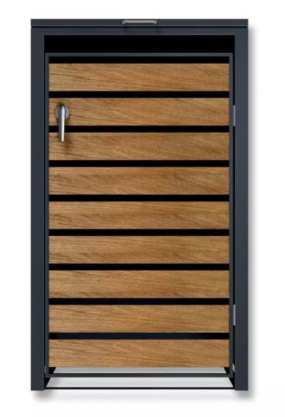 Storage Shed w/Locking Doors Assisted lift up Lid easy use Outdoor Hygienic Dustbin Unit Trash Cover Steel Matt Grey with Oak Effect Doo
