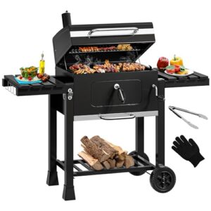 Portable Barbecue Grill with Cast Iron Grate & Height Adjustable Deluxe Enamel Charcoal Pan for Party