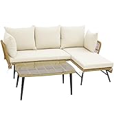 COSTWAY 4-Piece Garden Rattan Furniture Set, Patio Conversation Set with Cushioned Loveseat, Chai...