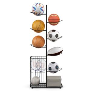 Sports Equipment Organizer Display Rack with Basket and 7-Tier Detachable Stand