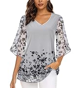 Syphiby Womens Overlap Ruffle Sleeve V Neck Elastic Mesh Blouse Loose Flowy Tunic Tops