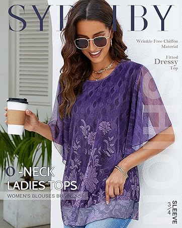 Syphiby Womens Overlap Ruffle Sleeve V Neck Elastic Mesh Blouse Loose Flowy Tunic Tops