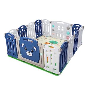 Baby and Toddlers Plastic Play Pen Anti Slip Suction Cups Upgraded Buckles Foldable Playpen Kids Indoors Outdoors 12+2 Panels Blue & White