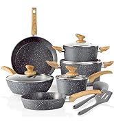 Induction Kitchen Cookware Sets - 15 Piece Hammered Granite Cooking Pans Set Black Nonstick Pots ...
