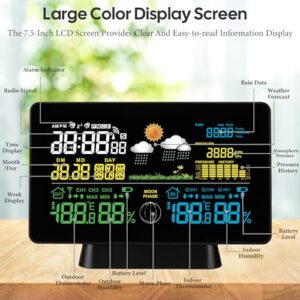 CestMall Digital Thermometer with Outdoor Indoor Humidity Sensor Barometric Pressure Rainfall Forecast Moon Phase 7.5 in Color Display 12/24H Alarm Clock for Home Garden Farm