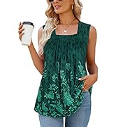 Syphiby Summer Tank Tops for Women Loose Fit Pleated Square Neck Curved Hem Flowy Sleeveless Tops