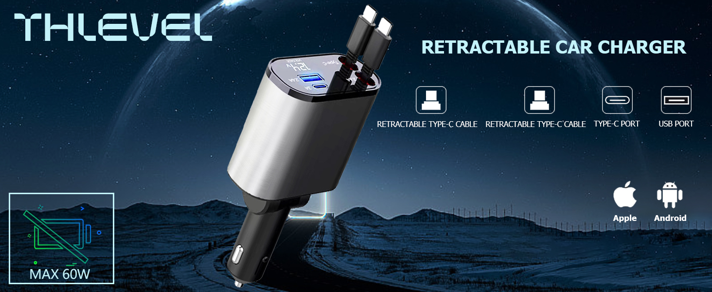 Retractable USB C Car Charger Socket