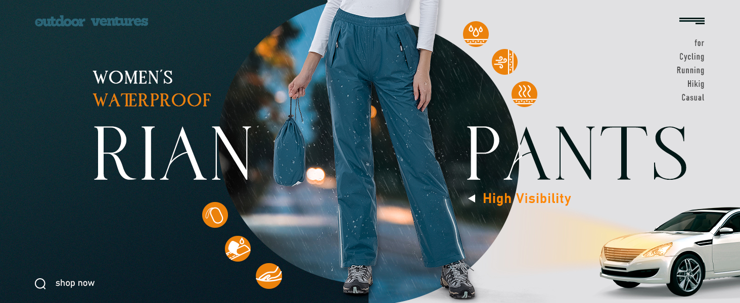 Women's Waterproof Overtrousers Packable Lightweight Hiking Trousers Cycling Rain Pants Pockets