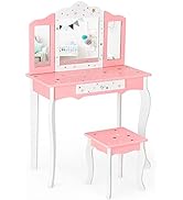 COSTWAY Kids Vanity Table and Stool, Girls Dressing Tables with Mirror, Drawer, Cute Make Up Pret...