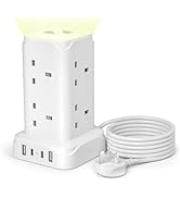Tower Extension Lead with USB Slots and Night Light, 20W USB C Fast Charger, (13A 3250W)5 USB Por...