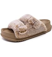 KuaiLu Womens fluff Platform Open Toe Slipper with Arch Support Ladies Fashion Furry Sliders Orth...