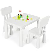 COSTWAY Toddler Table and Chairs Set, Plactic Children Activity Table with Storage Rack, 3-Piece ...