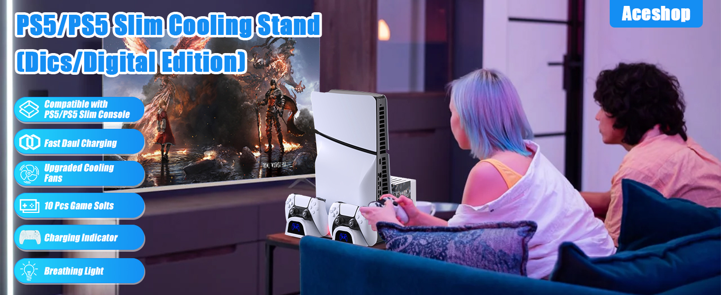 Stand for Playstation 5/PS5 Slim PS5/PS5 Slim Console Stand with Cooling Fan