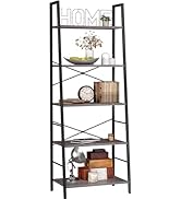 Yusong Ladder Shelf, Industrial 5-Tier Bookshelf, Free Standing Bookcase, Utility Organizer Shelv...