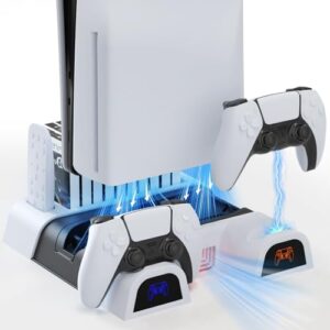 Multifunctional Stand for Playstation 5/PS5 Slim PS5 Console Stand with Cooling Fan Support PS5 Controller Chargers 10 Game Slots Media Storage
