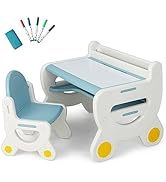 COSTWAY Kids Table and Chair Set, Wooden Children Desk with Chalkboards, 3 Pieces Toddler Activit...