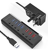 Powered USB Hub RSHTECH 5 Port USB 3 Hub with 4 USB 3.0 Data Port + 1 Fast Charging Port Portable...