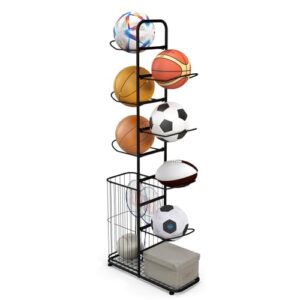 Vertical Basketball Rack Ball Holder with 7 Detachable Hanging Rods & Side Bin