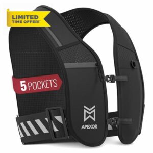 APEXOR Running Phone Holder Vest | Reflective Running Vest with 5 Pockets | Adjustable Waist and Chest Band | Key Holder | Lightweight | Water Bottle Holder | Running Vest for Men and Wome