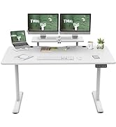 TRIUMPHKEY 160x70cm Large Height Adjustable Standing Desk with Monitor Shelves Height Adjustable ...