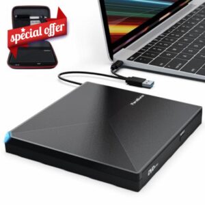 PeroBuno External CD DVD +/-RW Drive USB 3.0 USB C Portable CD/DVD Player Burner Reader Writer Optical CD ROM Disk Drive for Laptop Desktop PC Mac MacBook Pro/Air Windows Linux OS with Carrying Case