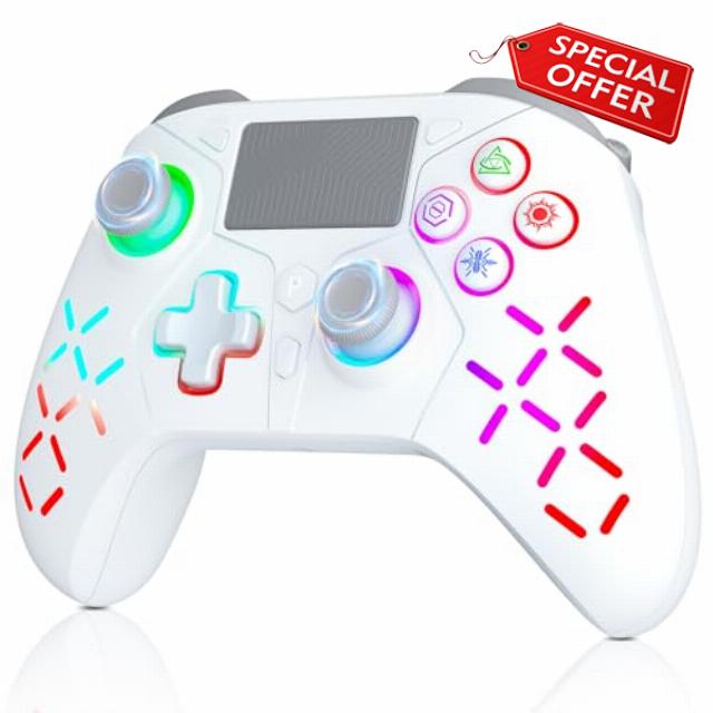 TURPOW Wireless Controller for PS-4 Gamepad Remote Control with Dual Motor Vibration/6-Axis Sensor/Turbo/3.5mm Audio Jack/Touch Pad for Ps-3/Ps-4/Pro/Slim/S-witch/Pc(RGB) White