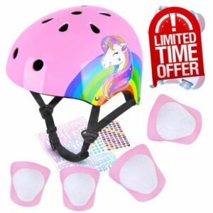 MHJY Kids Bike Helmet and Pads Set With DIY Stickers Girl Knee and Elbow Pads Unicorn Adjustable Safety Gear Set for Children Age 3-5-8 Years Bicycle
