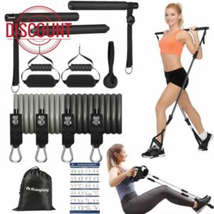 ALongSong Resistance Bands Pilates Bar Set With 4 Latex Exercise Bands 30/40lbs or 40/50lbs Home Workout Fitness For Yoga