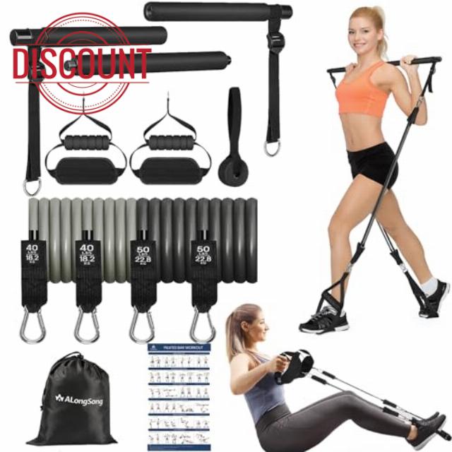ALongSong Resistance Bands Pilates Bar Set With 4 Latex Exercise Bands 30/40lbs or 40/50lbs Home Workout Fitness For Yoga