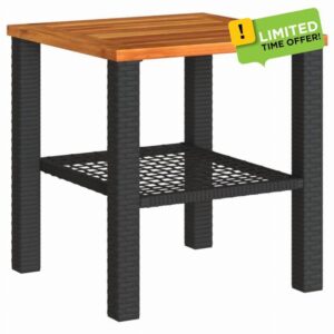 idaXL Garden Table in Black Poly Rattan with Acacia Wood Top - UV-Resistant Outdoor Furniture