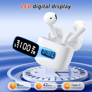 Wireless Headphones Bluetooth 5.3 with 4 Mic HD Calling 2024 wireless earphones in Ear HiFi Stereo 42H Playtime Dual LED Display Touch Control IP6 Waterproof Bluetooth Earphones White