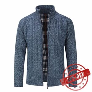 Mens Knitted Cardigan Thick Sweater Full Zip Stand Collar Warm Jumper Fleece Lined Winter Coa