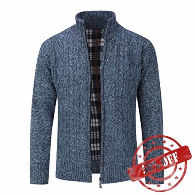 Mens Knitted Cardigan Thick Sweater Full Zip Stand Collar Warm Jumper Fleece Lined Winter Coa