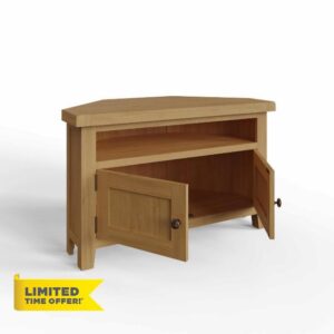 FWStyle Chunky Oak Corner TV Unit with shelf above 2 cupboards. Ready Assembled. W1000 x H 60 x D50cm.