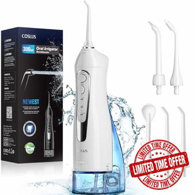 COSLUS Water Dental Flosser Teeth Pick: Portable Cordless Oral Irrigator 300ML Rechargeable Travel Irrigation Cleaner IPX7 Waterproof Flossing Machine for Teeth Cleaning