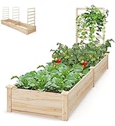 GiantexUK Garden Planter with Arch Trellis, Wood Raised Garden Bed with Drainage Holes, Climbing ...