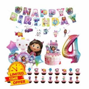 Gabby Dollhouse Birthday Party Decoration Set Including Cake Toppers and Foil Balloons with Age Number Balloon (DEFLATED) (4 YR OLD)