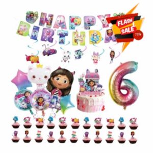 Gabby Dollhouse Birthday Party Decoration Set Including Cake Toppers and Foil Balloons with Age Number Balloon (DEFLATED) (6 YR OLD)