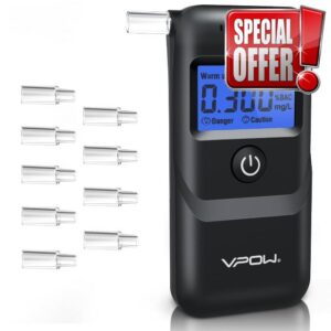 VPOW Alcohol Breathalyzer UK Breathalyser Tester: Alcohol Tester with 10Pcs Mouthpieces - High Accuracy Alcohol Breath Tester with Digital LCD Screen - Dark Black